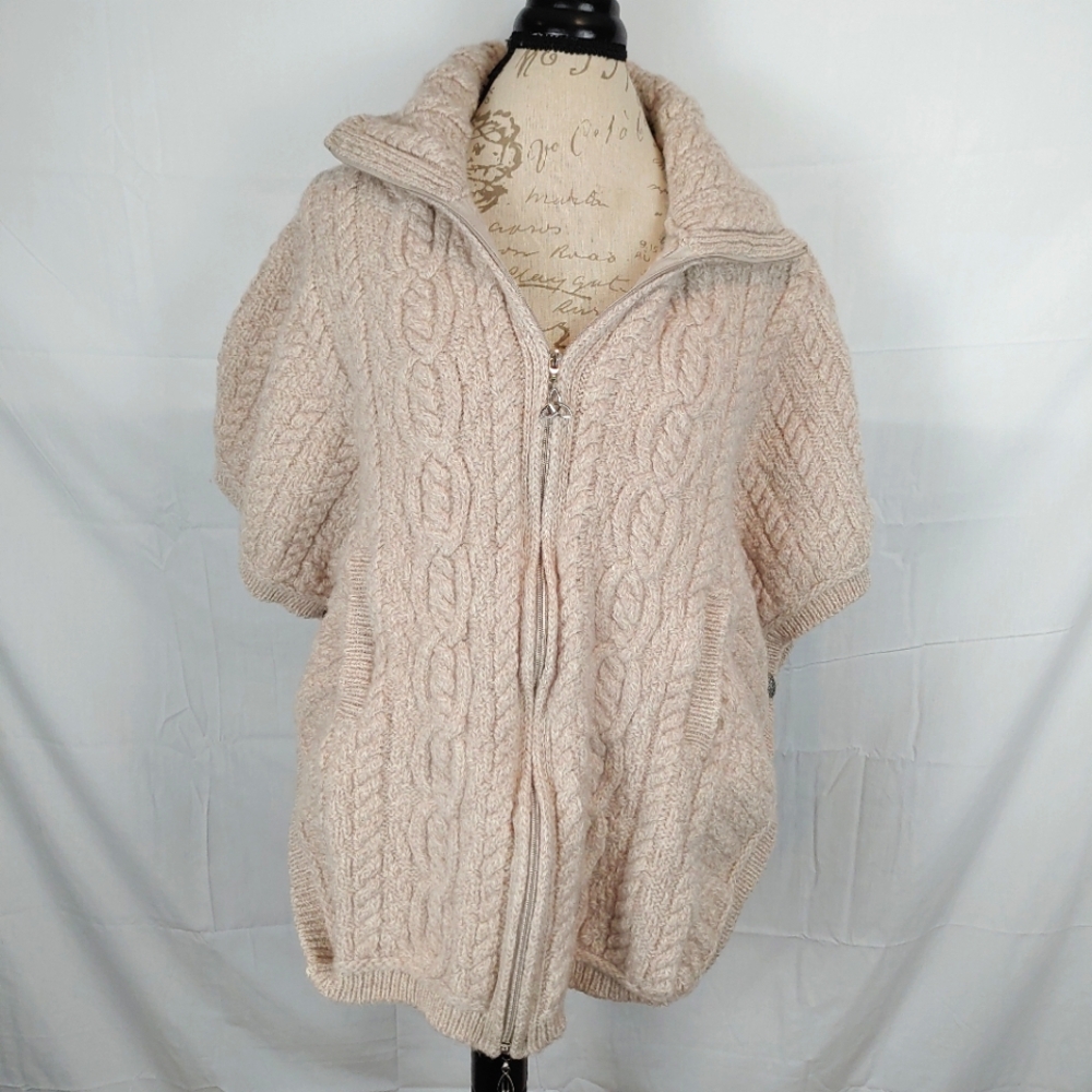 Aran Craft Merino Wool Zip Front Cape Funnel Neck Cable Knit Sweater Side M/L